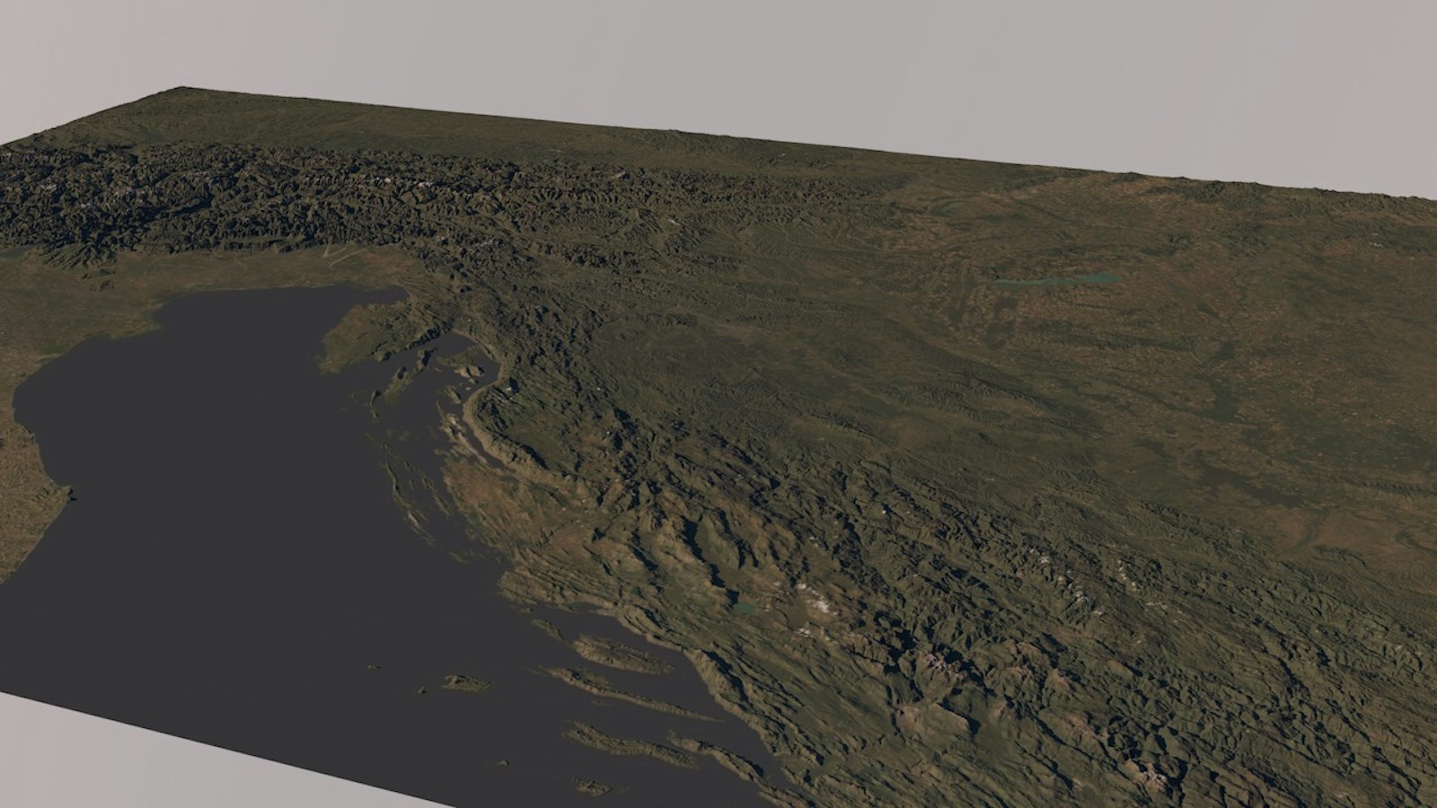 Untextured 3D terrain model of the Adriatic coast and inland mountains prepared for the relief projection.