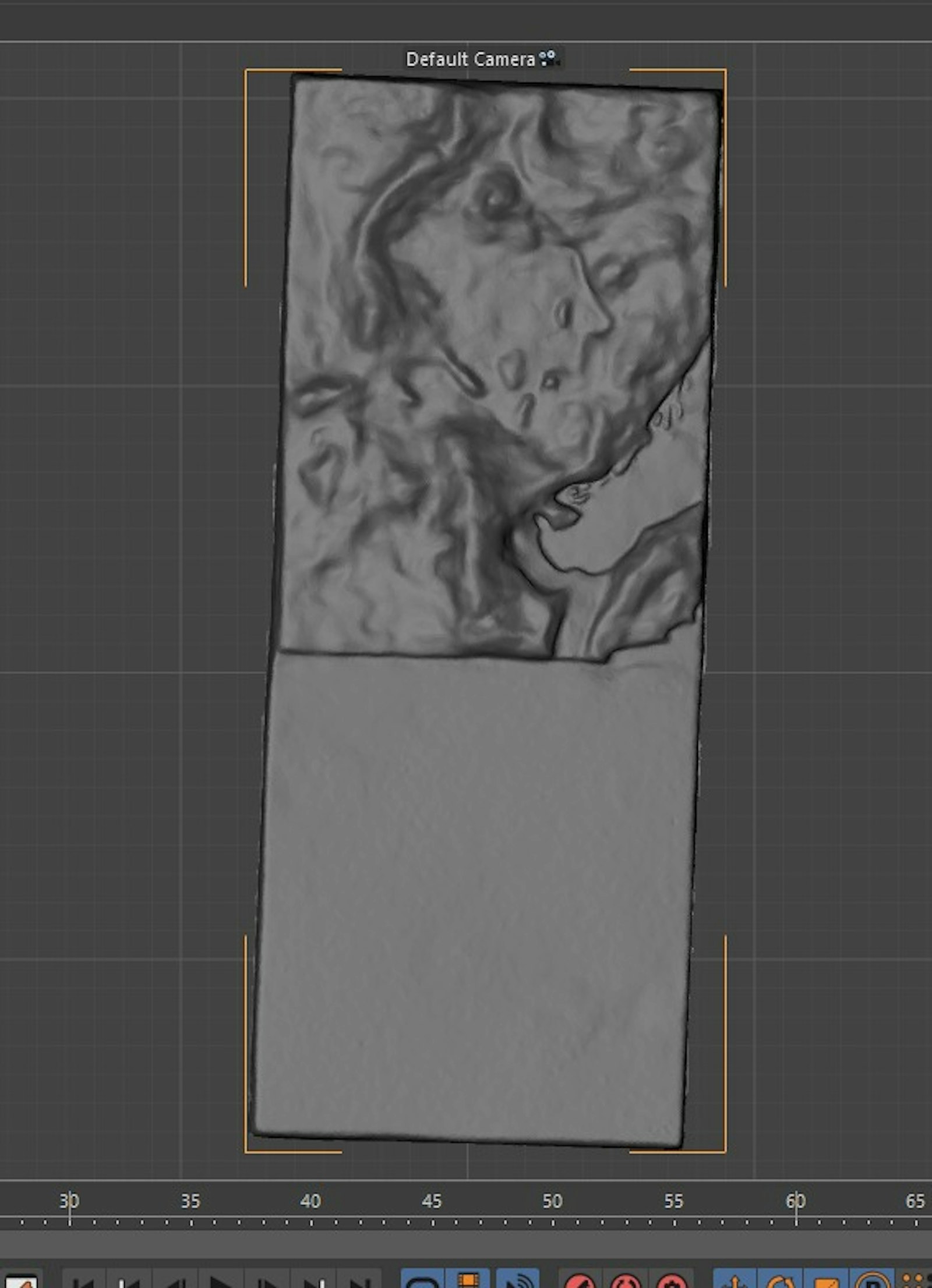Screenshot of the grey relief model mesh inside 3D software, framed by the default camera for projection alignment.
