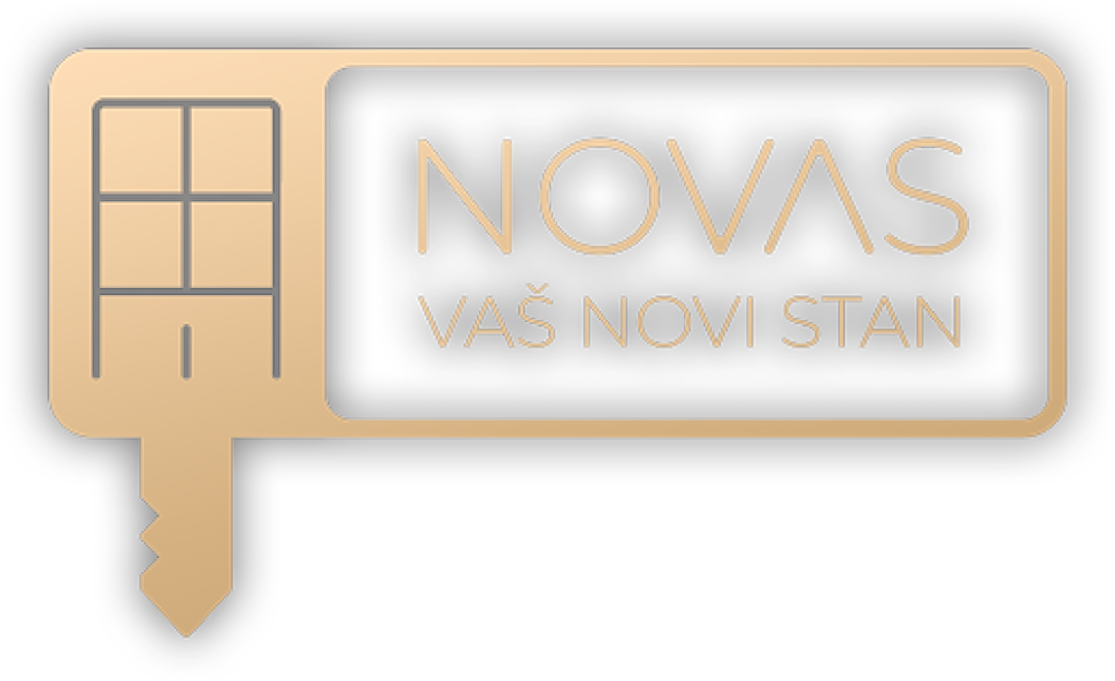 Novas logo: a gold key shape with a window grid and the tagline 'Vaš novi stan' (your new apartment).