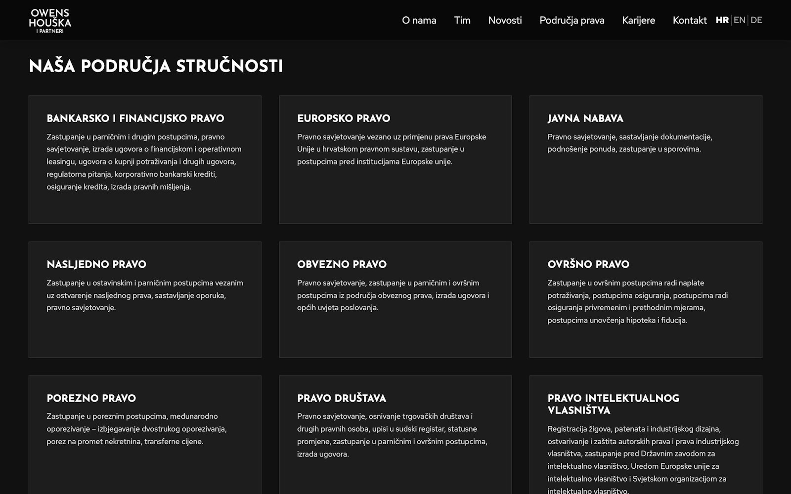 Areas of expertise page with a grid of dark cards, one per practice area.