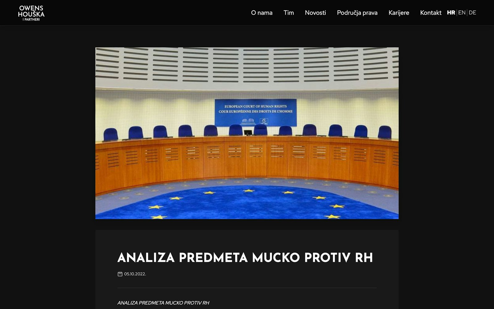 Article page with a photo of the European Court of Human Rights courtroom above the headline.
