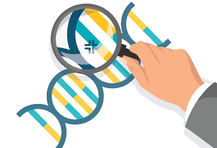 Illustration of hand examining DNA with magnifying glass