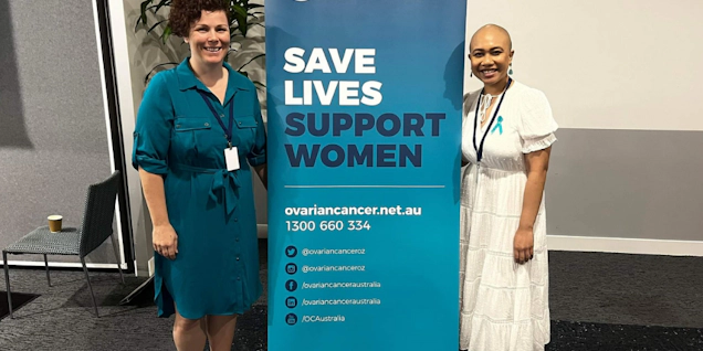 A woman with ovarian cancer and nurse at event