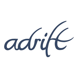 adrift logo. Cursive text spelling adrift