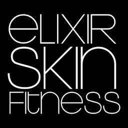 elixir skin fitness logo. Black square alongside write writing