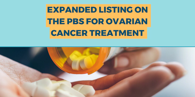 Graphic image of pills being dropped into a hand with a caption "Expanded Listing on the PBS for Ovarian Cancer Treatment"