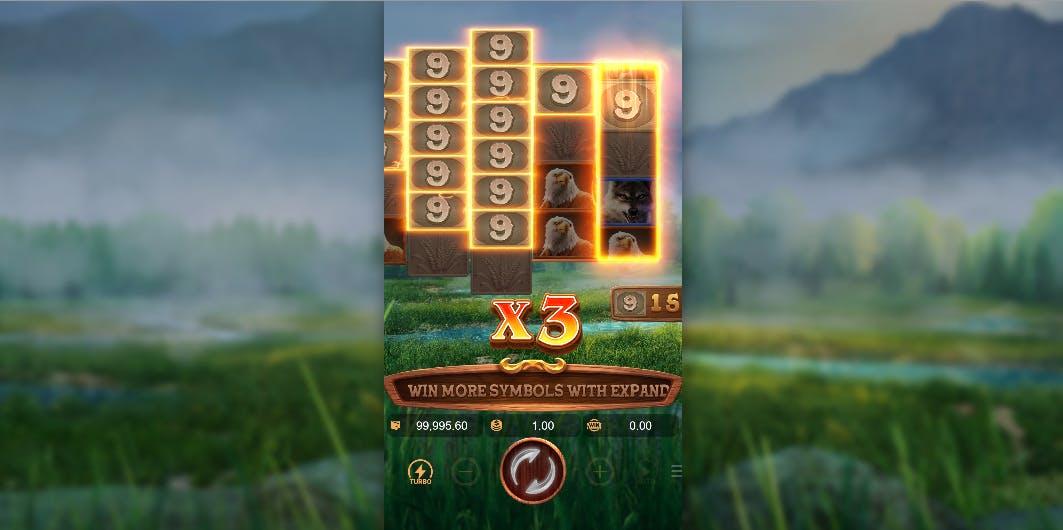 Funcionalidade de símbolos expansivos empilhados com multiplicador no jogo buffalo cassino