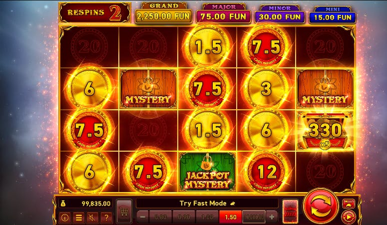 Acerte 4 símbolos na coluna do meio e ative o recurso de bônus Hold the Jackpot no slot 20 Coins
