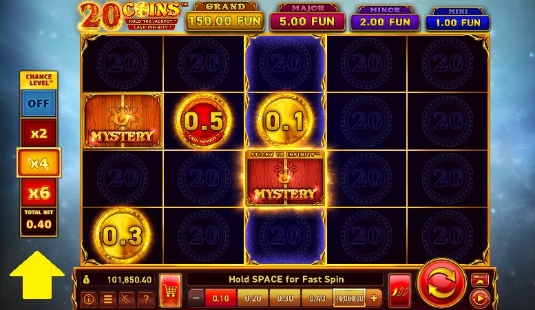 Ativar o modo chance level para aumentar a chance de ativar o recurso hold the jackpot no slot 20 Coins
