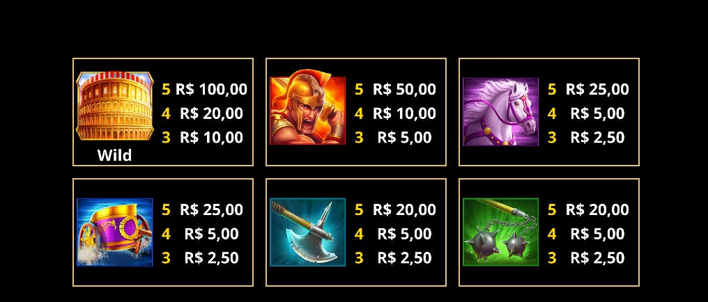 Símbolos com os valores de pagamento do slot Action Boost Gladiator