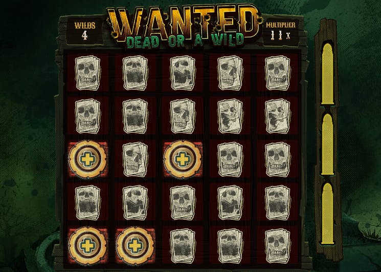 Recurso mao do homem morto com respins adicionando wilds e multiplicadores no jogo Wanted Dead or a Wild