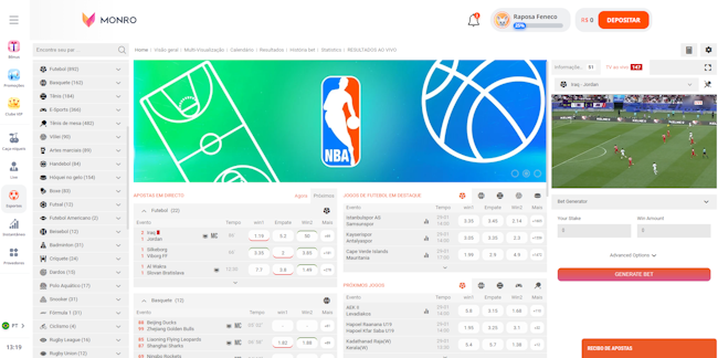 Layout seção esportes sites Monro casino