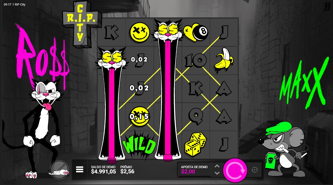 Recurso bônus dois wilds de gatos slot de cassino RIP City