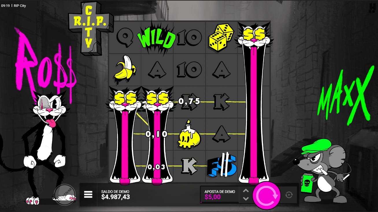Recurso jogo bônus com 3 wilds de gatos no jogo cassino RIP City
