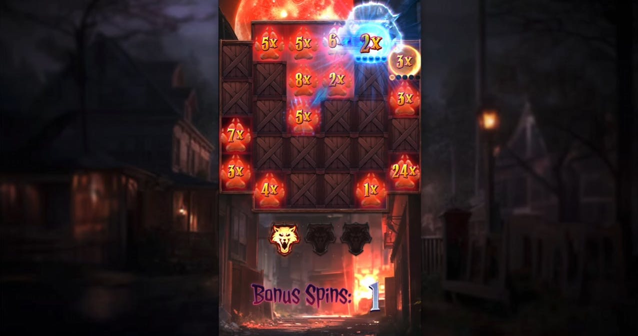 Bônus Respins com símbolos de lua com multiplicadores Werewolf's Hunt