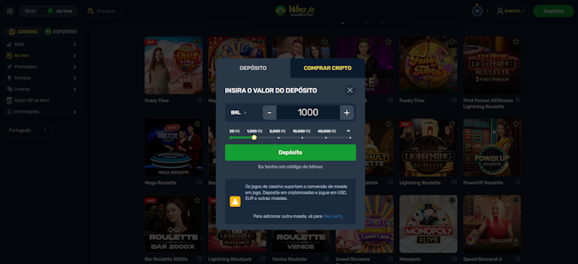 Forma de depositar no cassino Winz