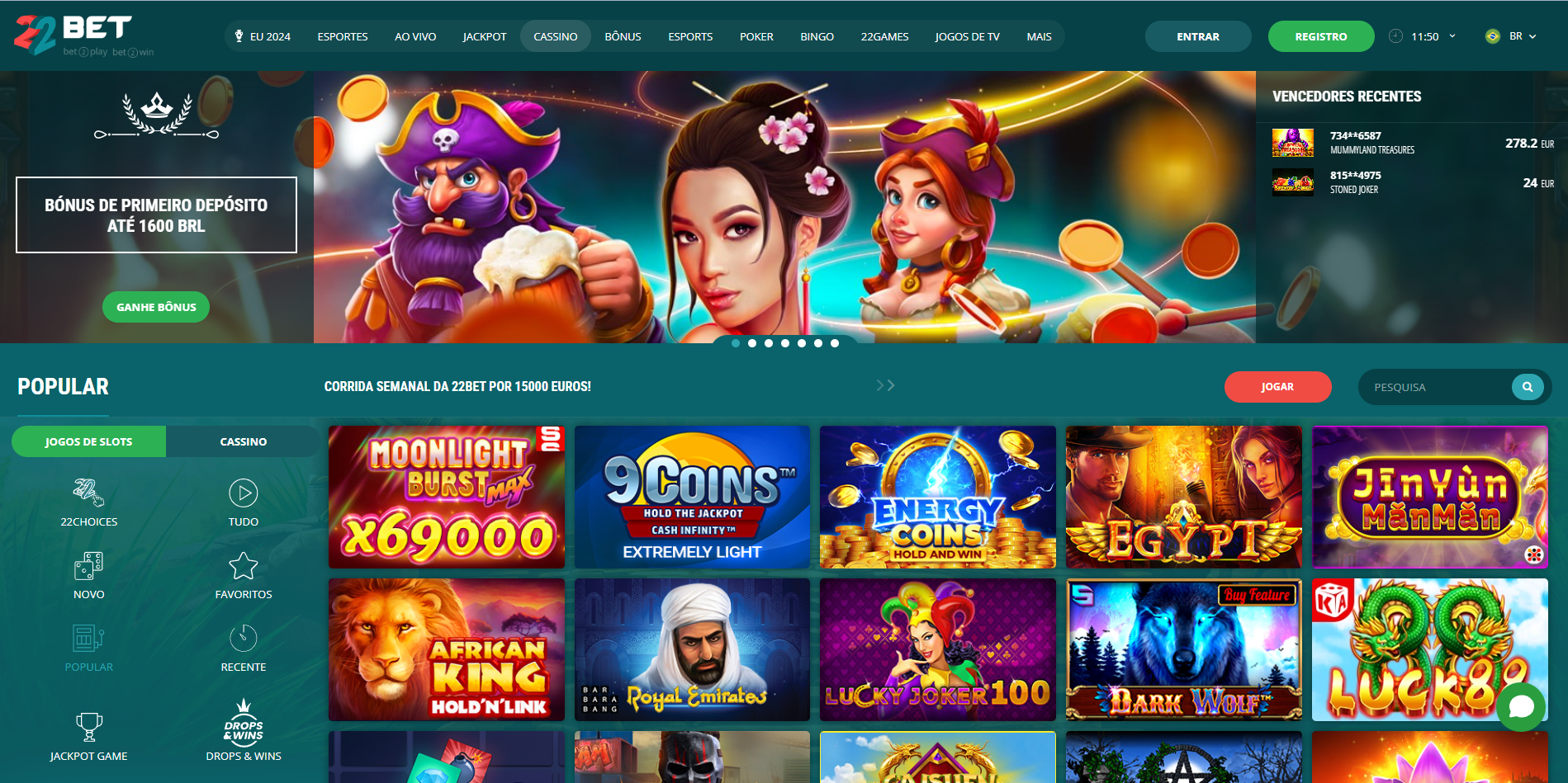 Layout site cassino 22bet