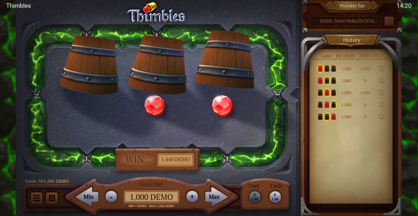 Pagamentos com 2 bolas no jogo thimbles