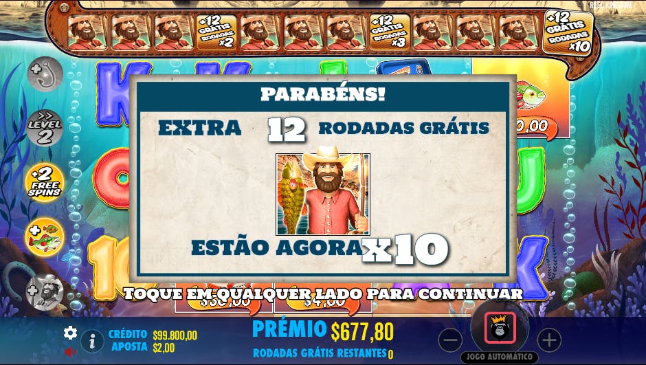 Recurso rodadas grátis com multiplicador 10x no jogo Big Bass Splash