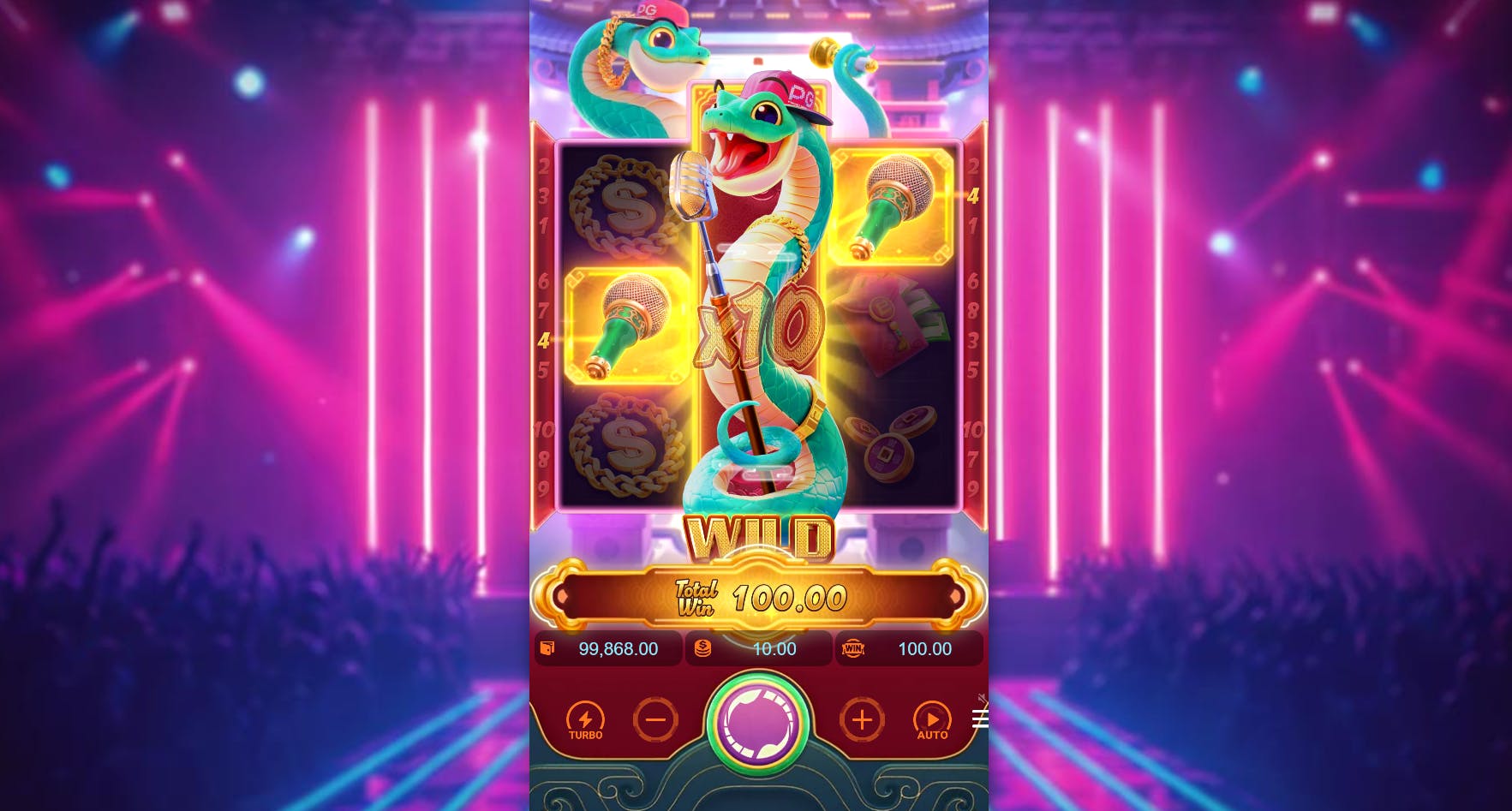 Recurso Wilds Empilhados com multiplicador  x10 slot Fortune Snake
