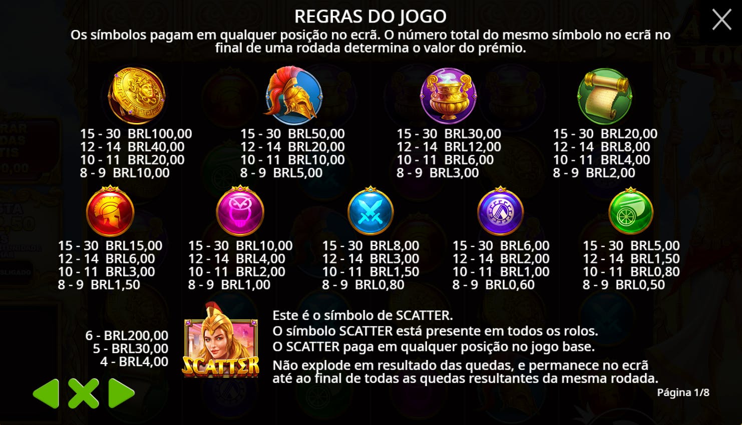 Símbolos de pagamento slot Wisdom of Athena 1000