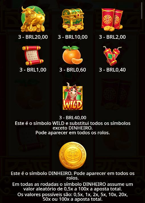 Símbolos de pagamento slot Touro Sortudo