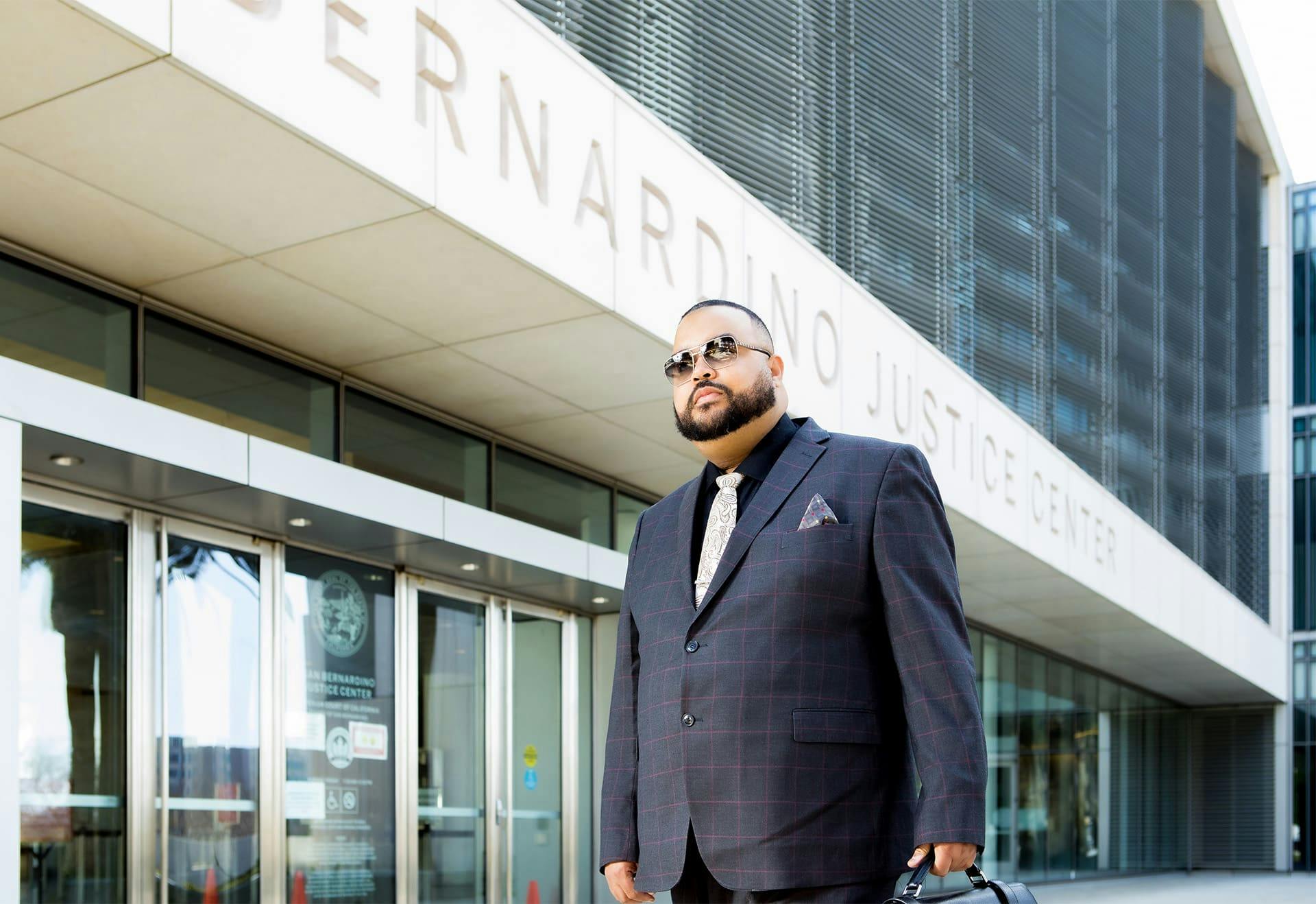 Vincent Hughes in front of the San Bernardino Justice Center