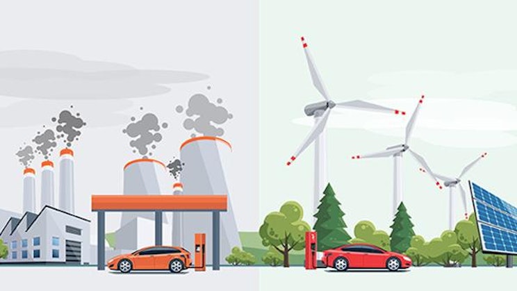 kuva tehtaasta ja punaisesta autosta