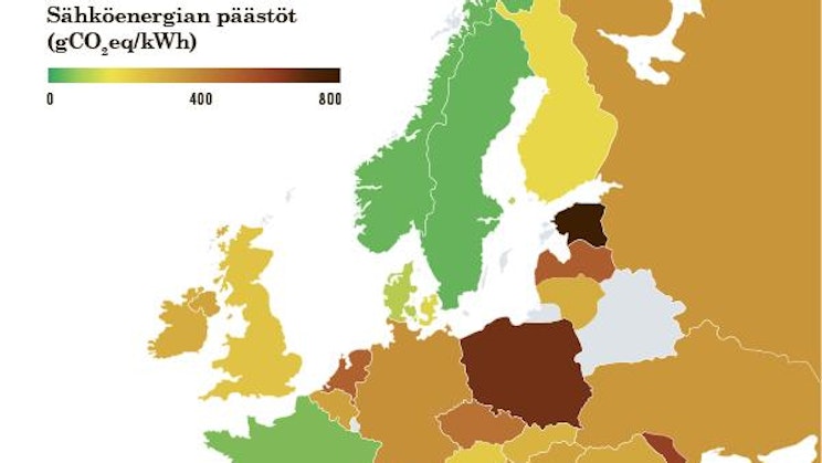 Karttadiagrammi, sähköenergian päästöt.
