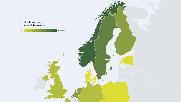 Karttadiagrammi, sähköautojen markkinaosuus.