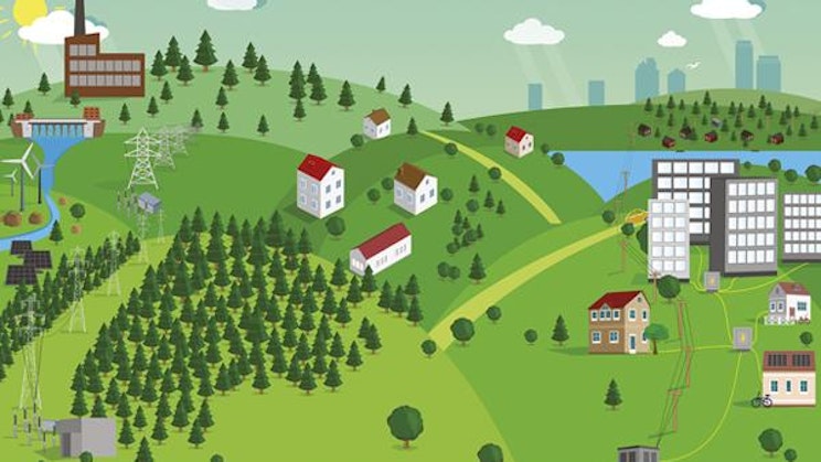 vihreä maisema, jossa on joki, rakennuksia ja puita