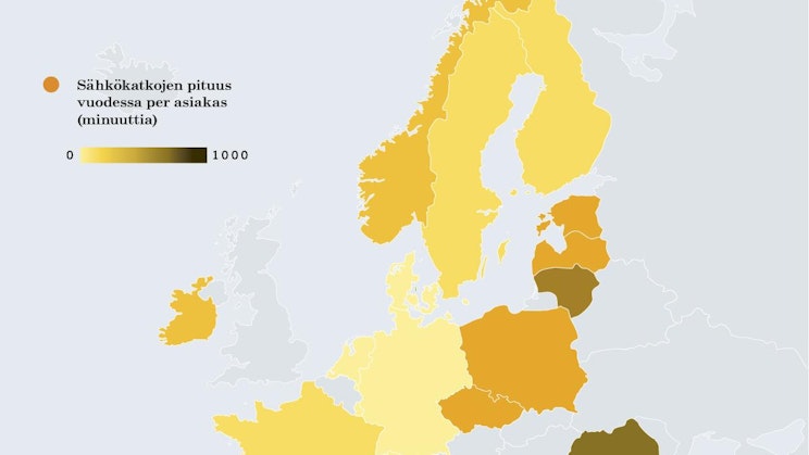 Karttadiagrammi, sähkökatkojen pituus vuodessa per asiakas.