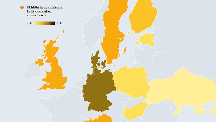 Karttadiagrammi, sähkön kokonaishinta kotitalouksille, euroa per kilowattitunti.