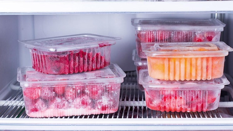 jääkaappi, joka on täytetty hedelmillä täytetyillä muovisäiliöillä