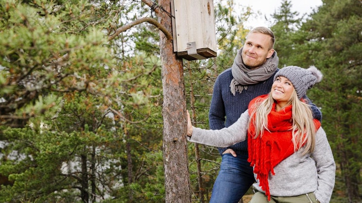 mies ja nainen seisovat linnunpöntön vieressä