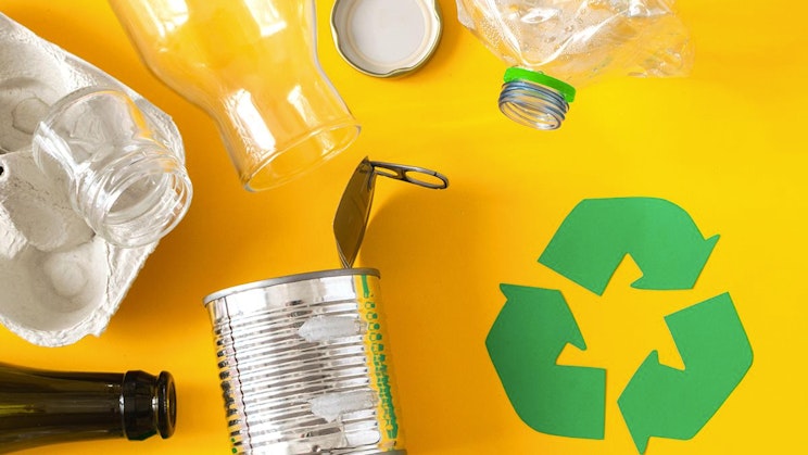 keltainen pöytä, jonka päällä on viinipulloja ja tölkki