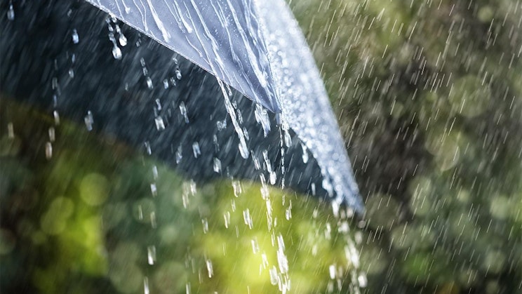 henkilö pitelee sateenvarjoa sateessa