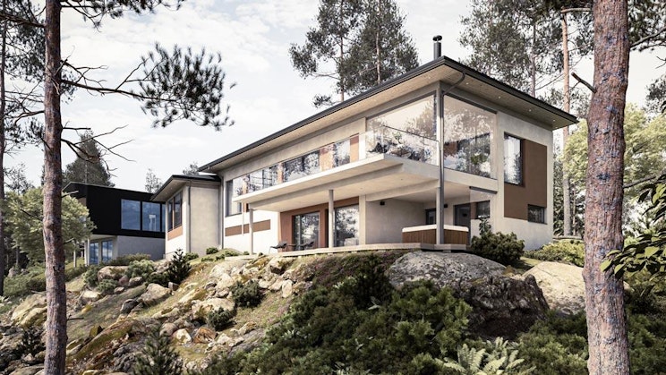 talo kukkulalla puiden ympäröimänä