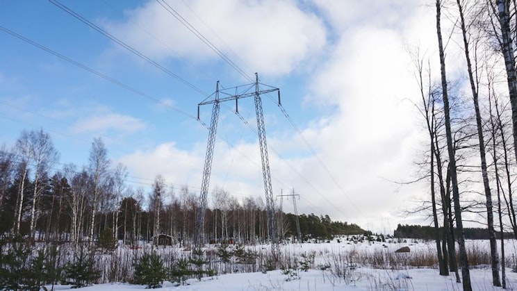 luminen kenttä, jossa on voimalinjoja ja puita