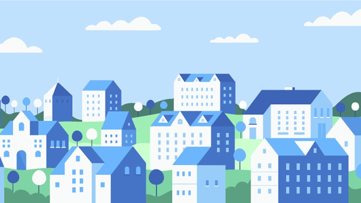 Piirretty mielikuvituksellinen kaupunkinäkymä, jonka väriskaala on sinivihreä.