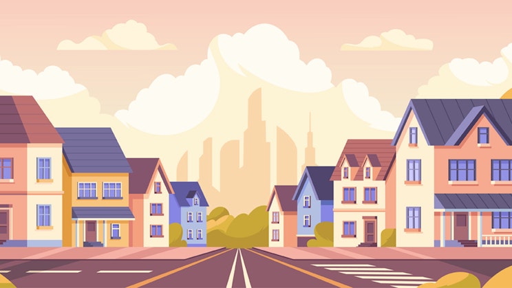 Piirretty kuva kaupungin kadusta, jonka sivuilla on taloja.