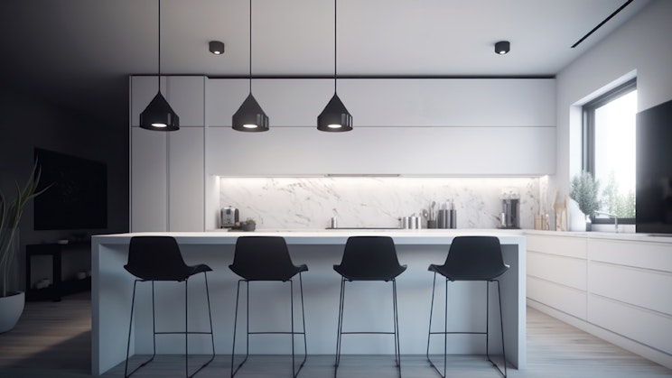 Keittiö, jossa on marmorinen työtaso ja baarituolit.
