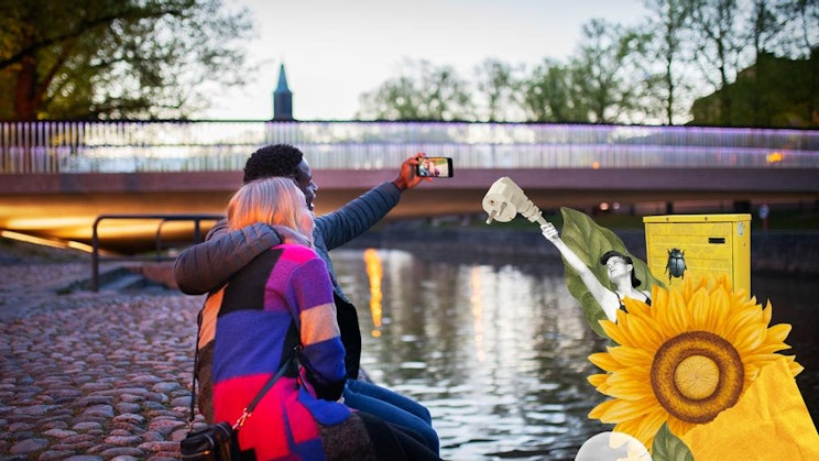 nainen ottaa matkapuhelimellaan kuvaa auringonkukasta