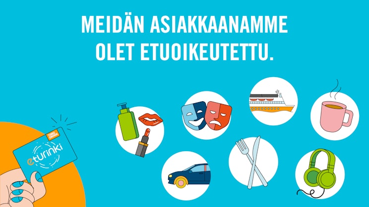 Piirretty Eturinki-kortti kädessä alakulmassa, erilaisia etuja kuvastavia piirroksia palloissa.