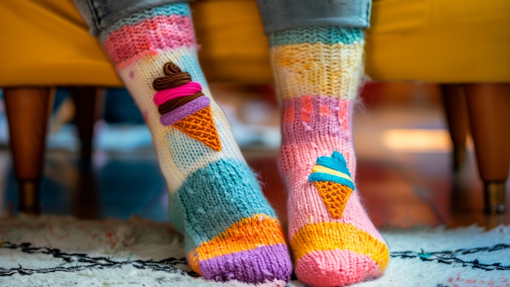 Kuvassa värikkäät villasukat, joissa on jäätelön kuvat