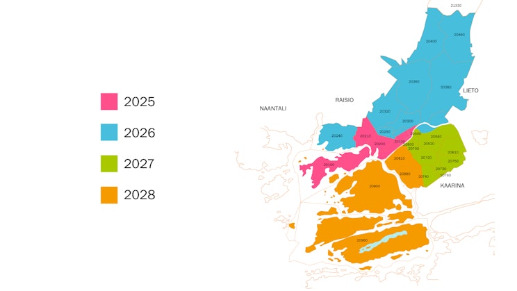 Turun kaupungin kartta erivärisillä väreillä hahmotelemassa mittareiden vaihtoa 2025-2028