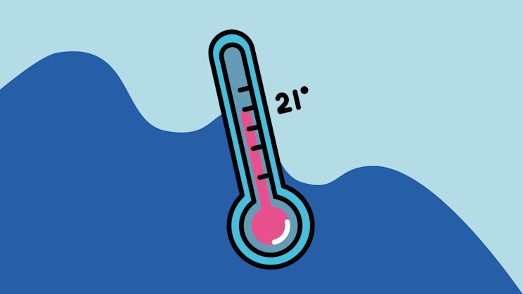 Piirroskuva lämpömittarista sinisellä kaksivärisellä taustalla