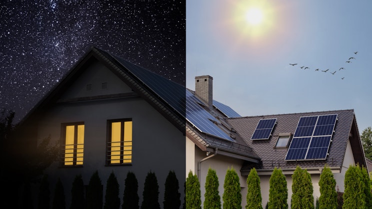 Kuvassa vasemmalla puolella esitetään talo yöllä ja oikealla puolella on päivä