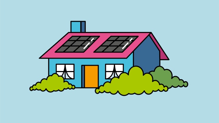 Piirroskuva omakotitalosta, jonka katolla on aurinkopaneelit