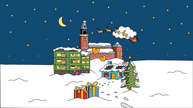 Piirroskuva lumisesta kaupungista